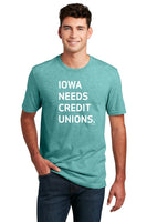 Short Sleeve T-Shirt "Iowa Needs Credit Unions" (Heather Eucalyptus Blue)