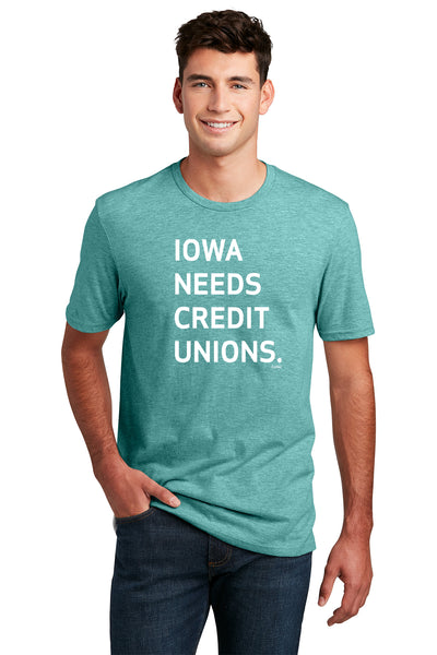 Short Sleeve T-Shirt "Iowa Needs Credit Unions" (Heather Eucalyptus Blue)